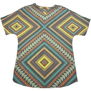 Maggy London 10 Oversized Tunic Beaded Multicolor Geometric Short Sleeve Top
